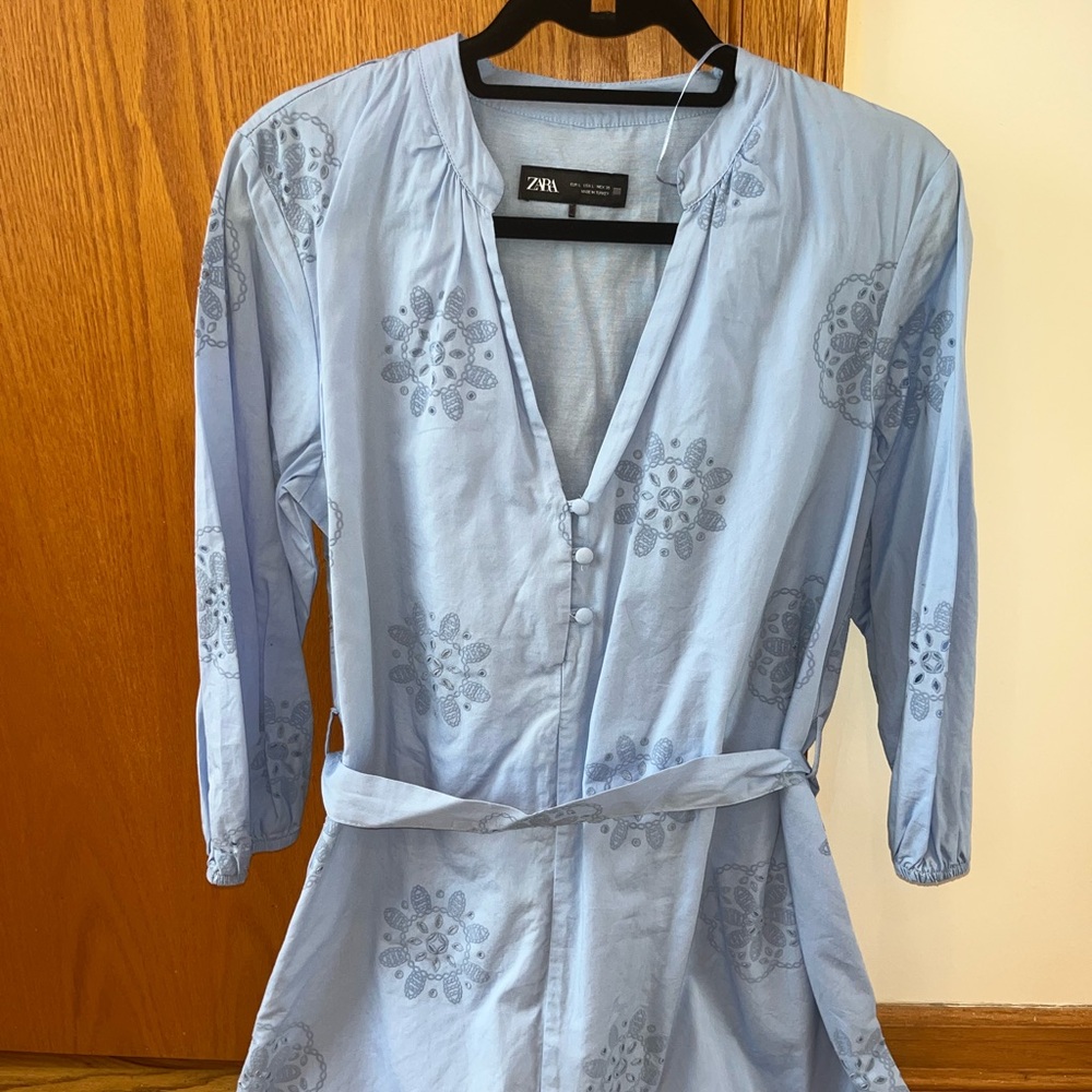 Light blue embroidered Zara dress with tie belt